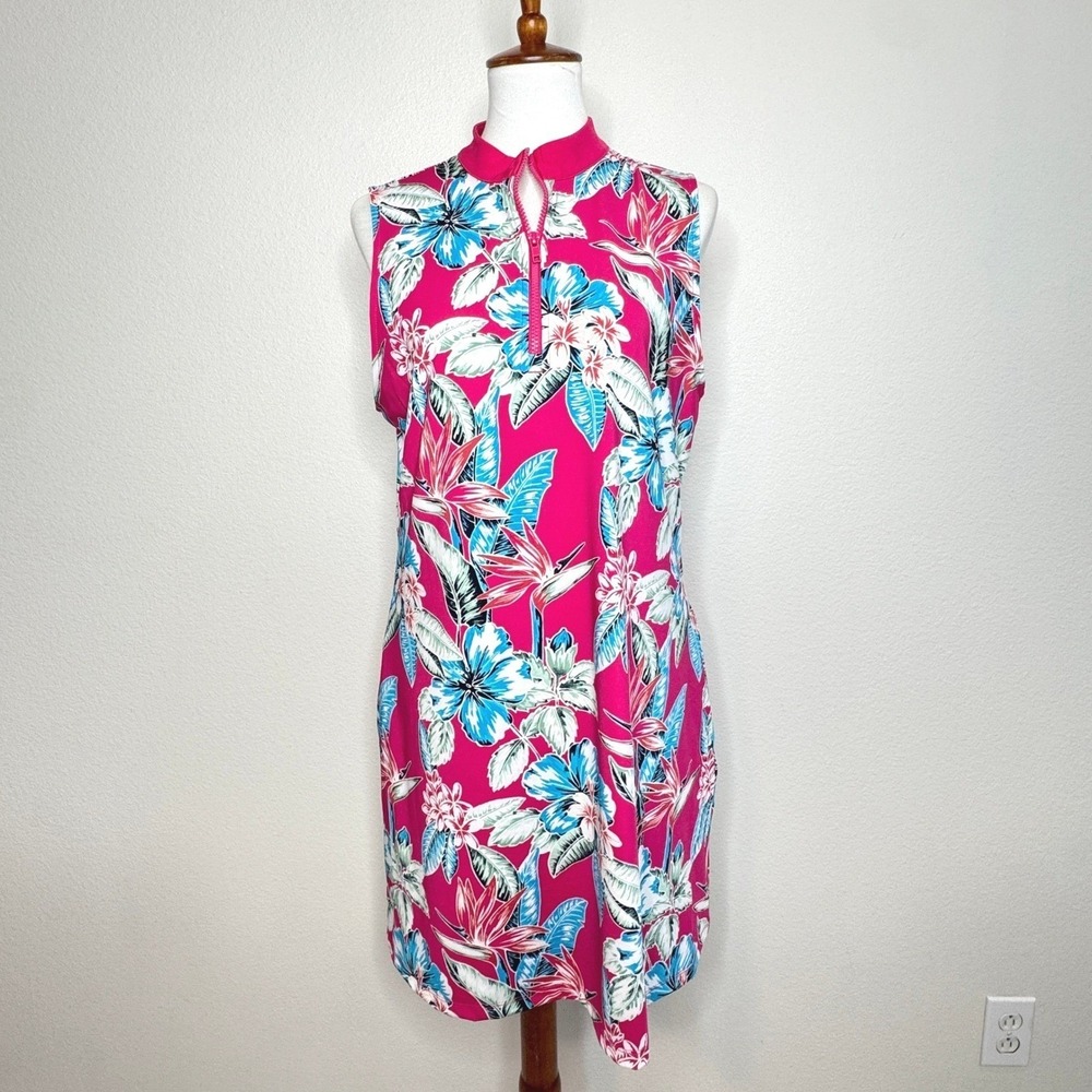Tommy Bahama Golf Dress XL Tropical Floral Pink Zip Sleeveless Stretch Pockets - Picture 3 of 9